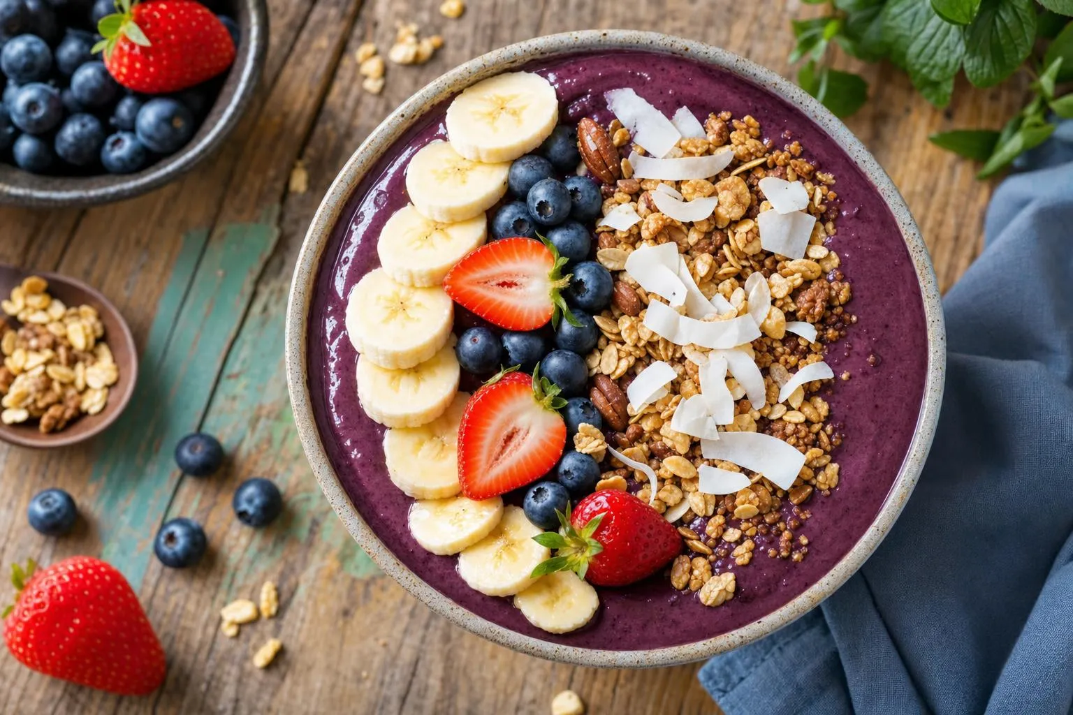 Açaí bowl morado con plátano, fruta y granola por encima