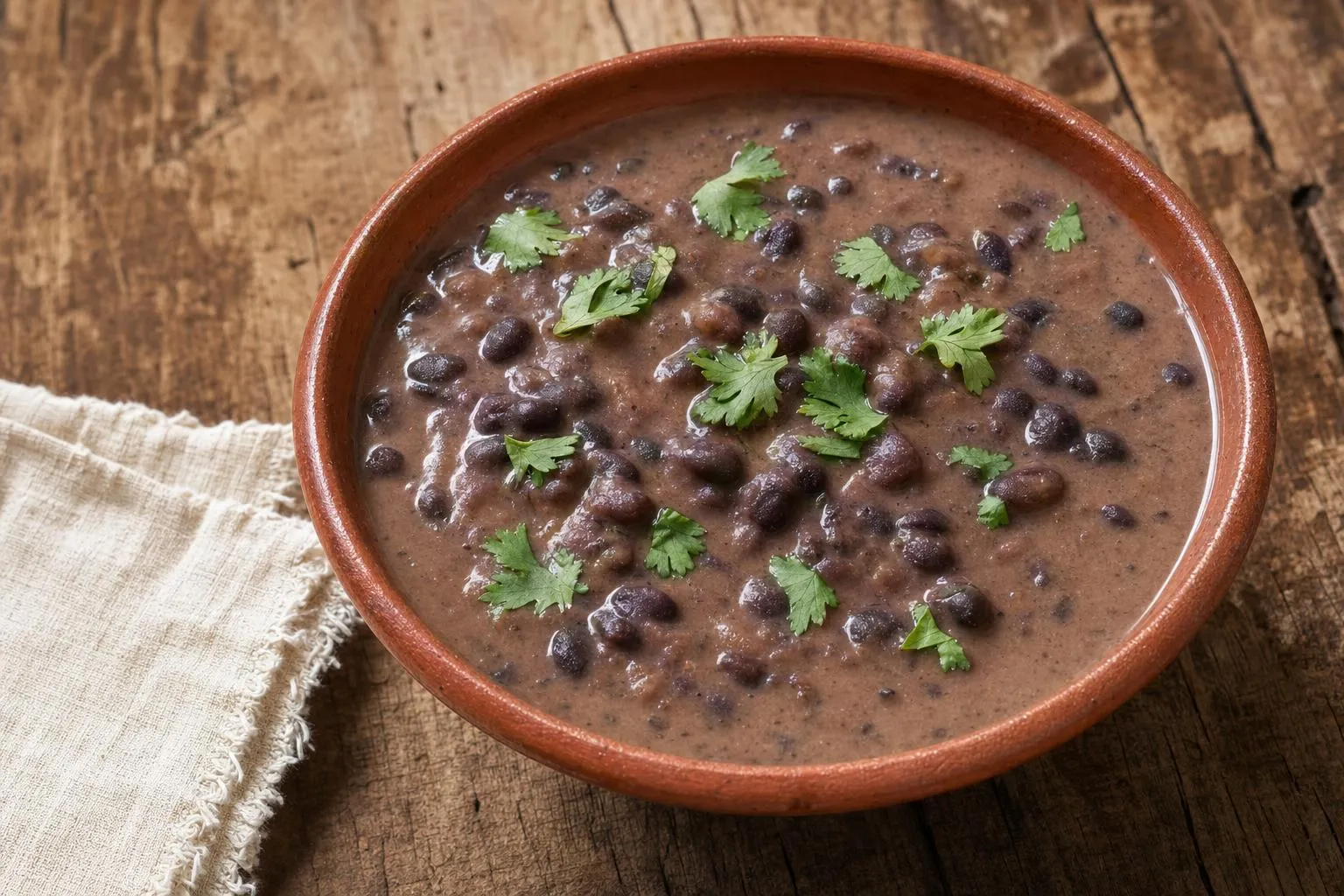 Cazuela de alubias negras guisadas con cilantro