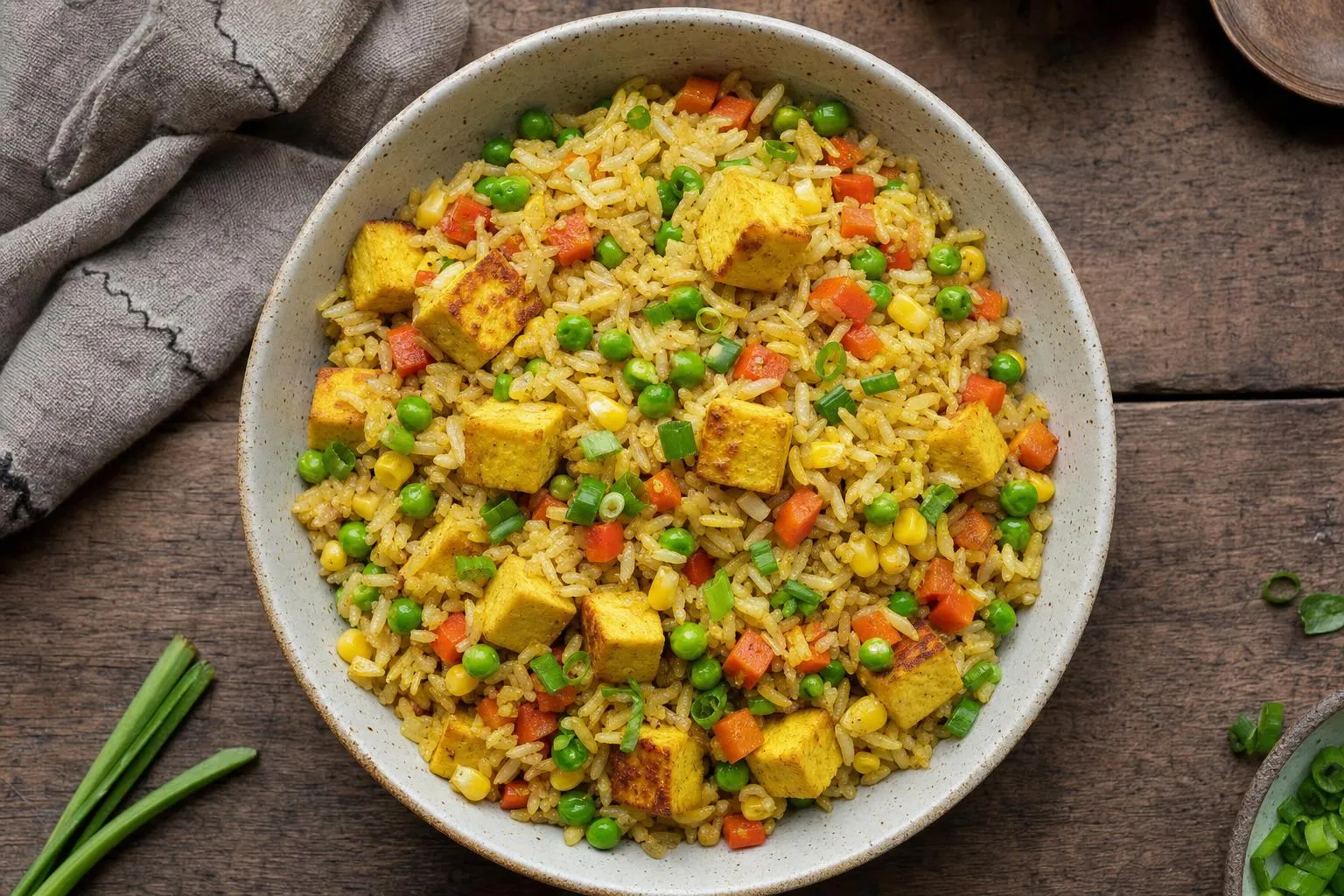 Plato de arroz tres delicias vegano con guisantes, maíz y tofu
