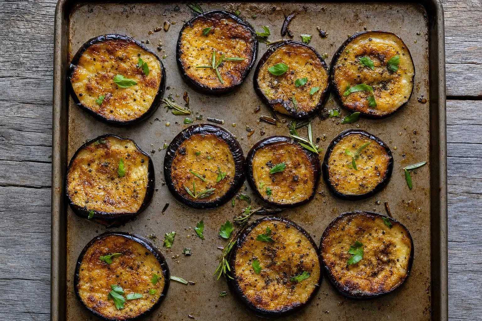 Rodajas de berenjena al horno doradas en una bandeja