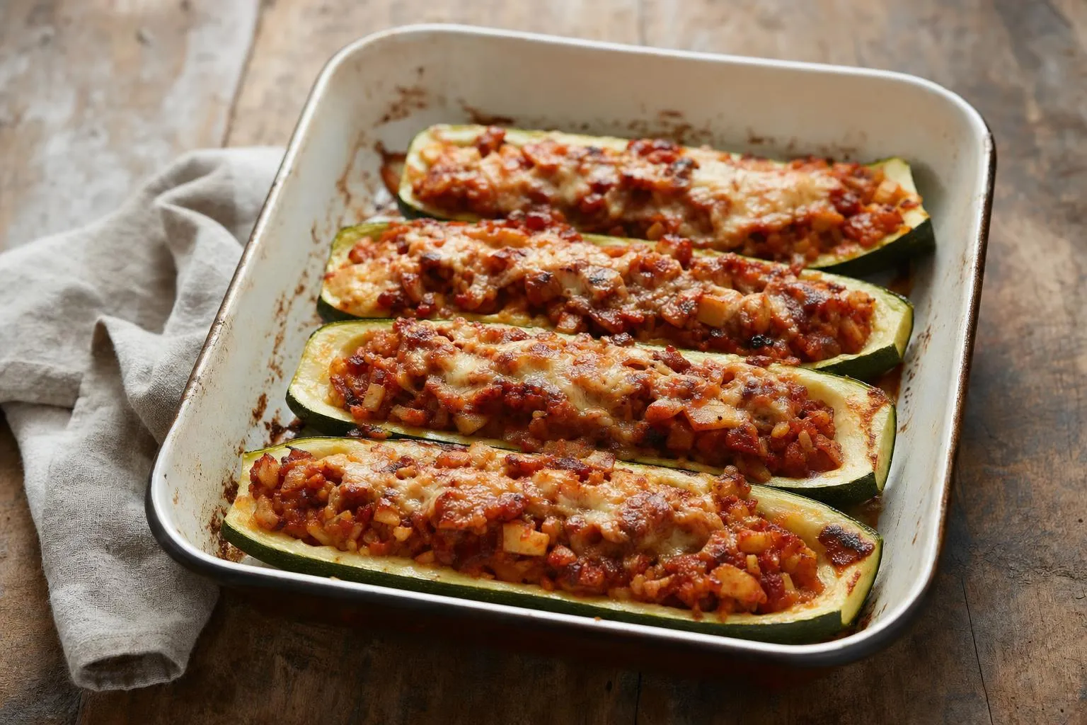 Calabacines rellenos al horno gratinados en una fuente