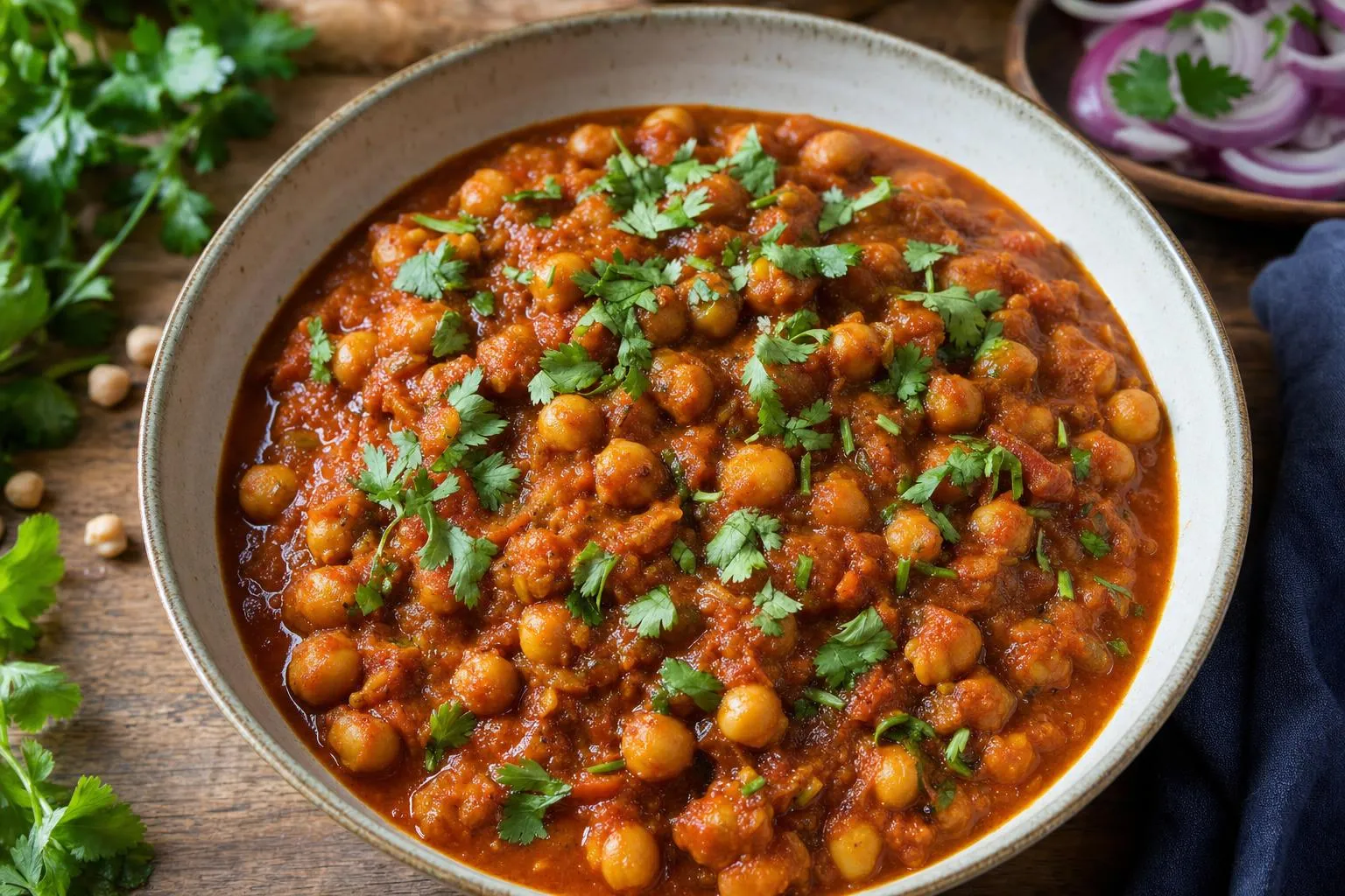 Cuenco de chana masala, curry de garbanzos con cilantro