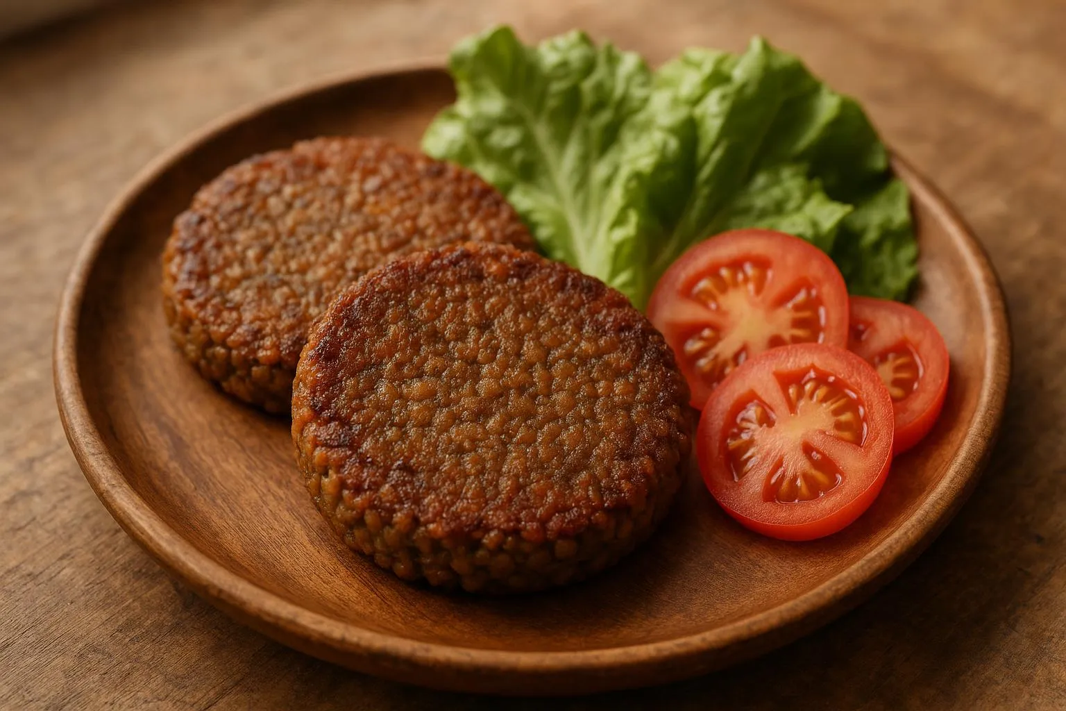 Hamburguesas veganas de lentejas caseras en un plato de madera
