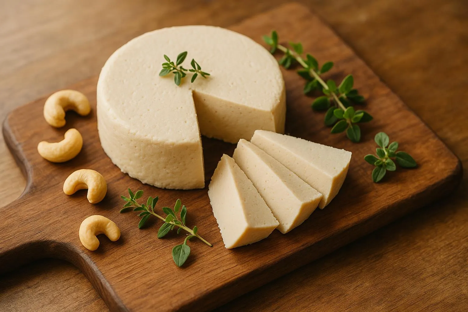 Queso vegano casero de anacardos cortado en un plato de madera