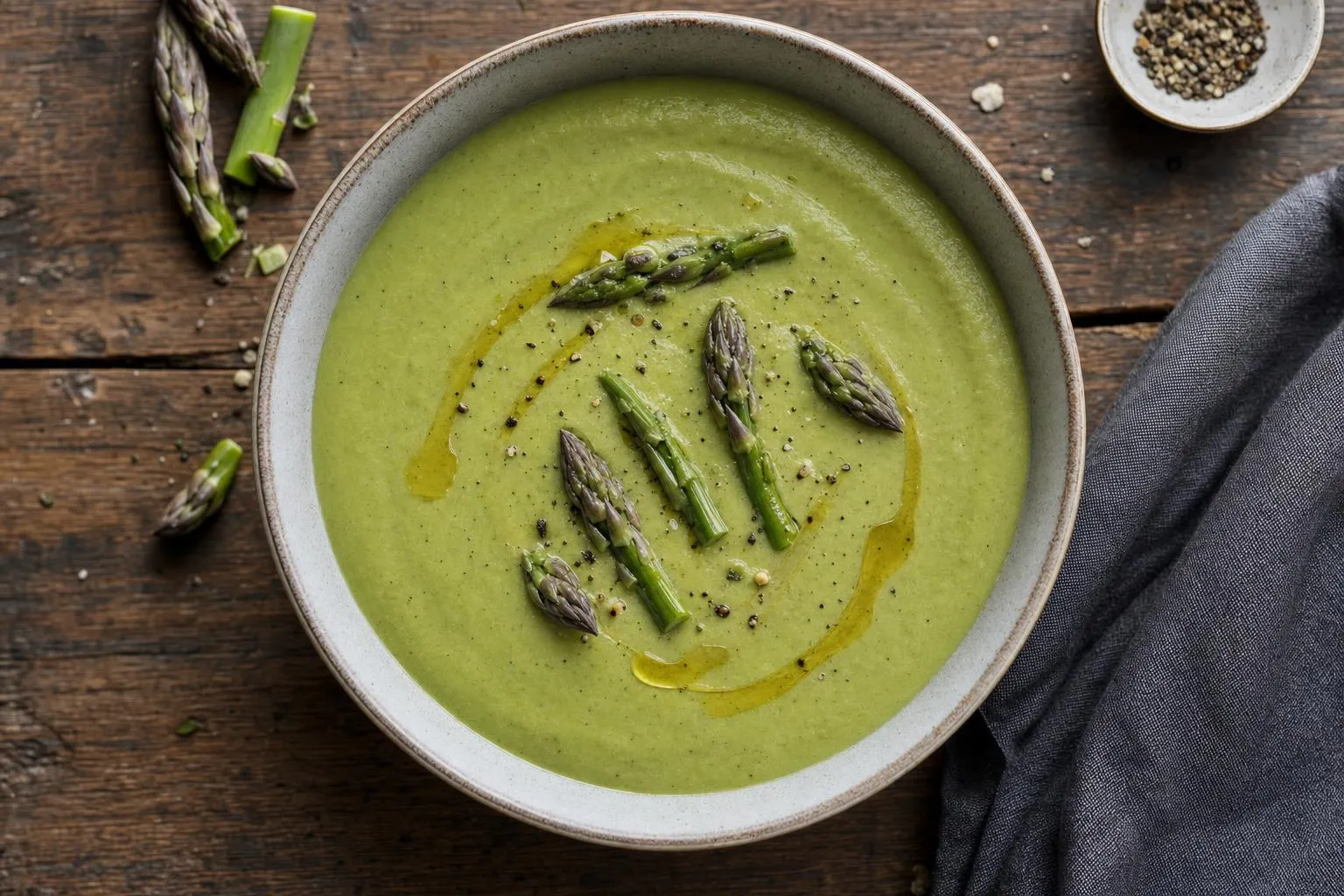 Cuenco de crema de espárragos verde con un hilo de aceite