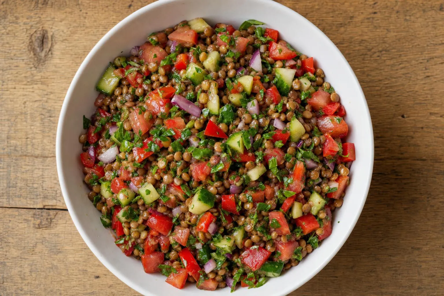 Ensalada de lentejas con tomate, pepino y pimiento en un bol blanco