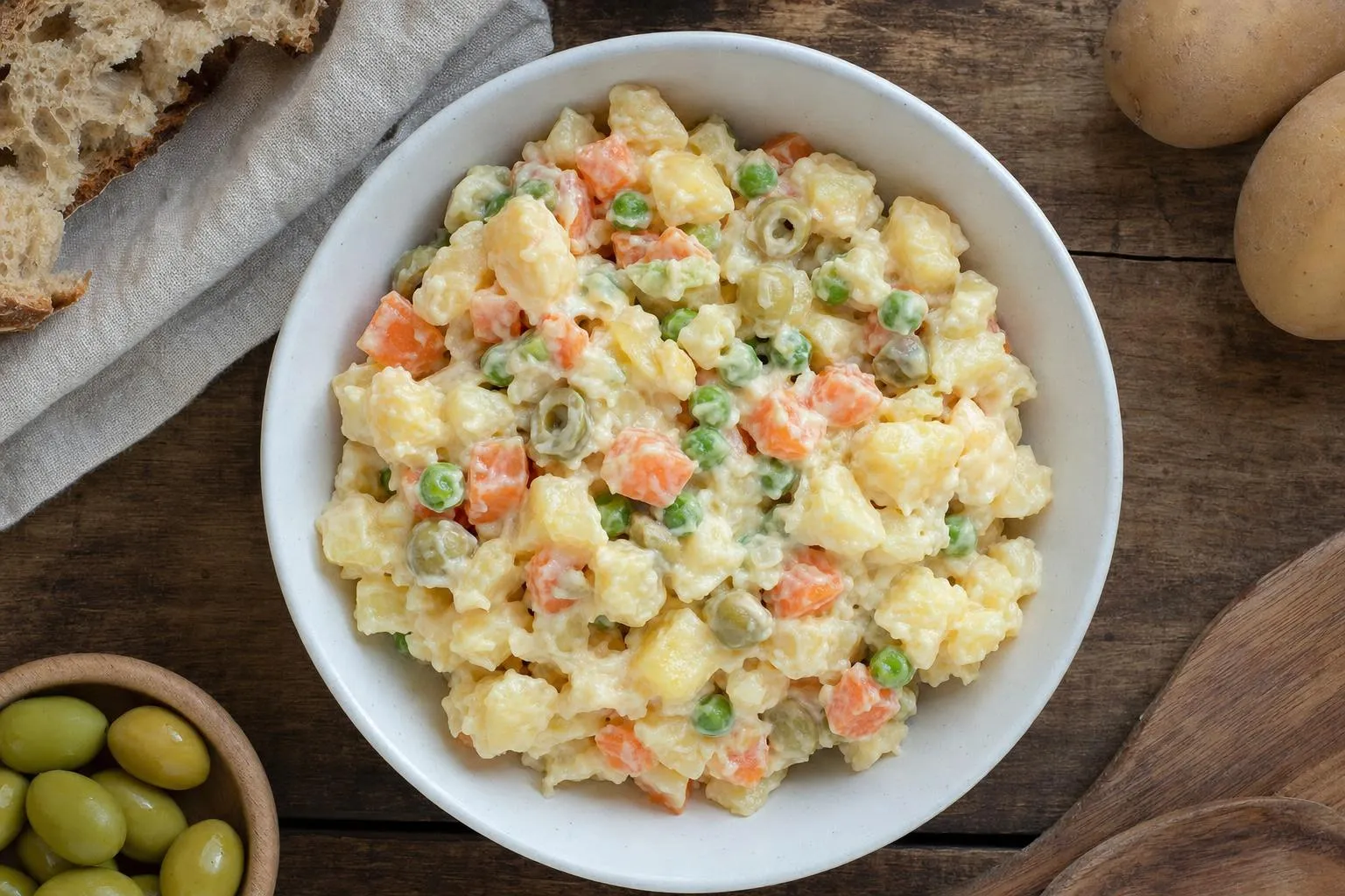 Bol de ensaladilla vegana con zanahoria, guisantes y aceitunas