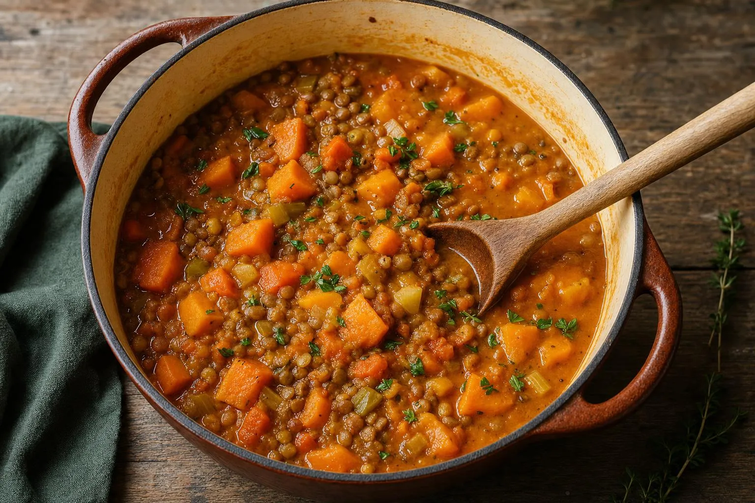 Cazuela de lentejas guisadas con calabaza