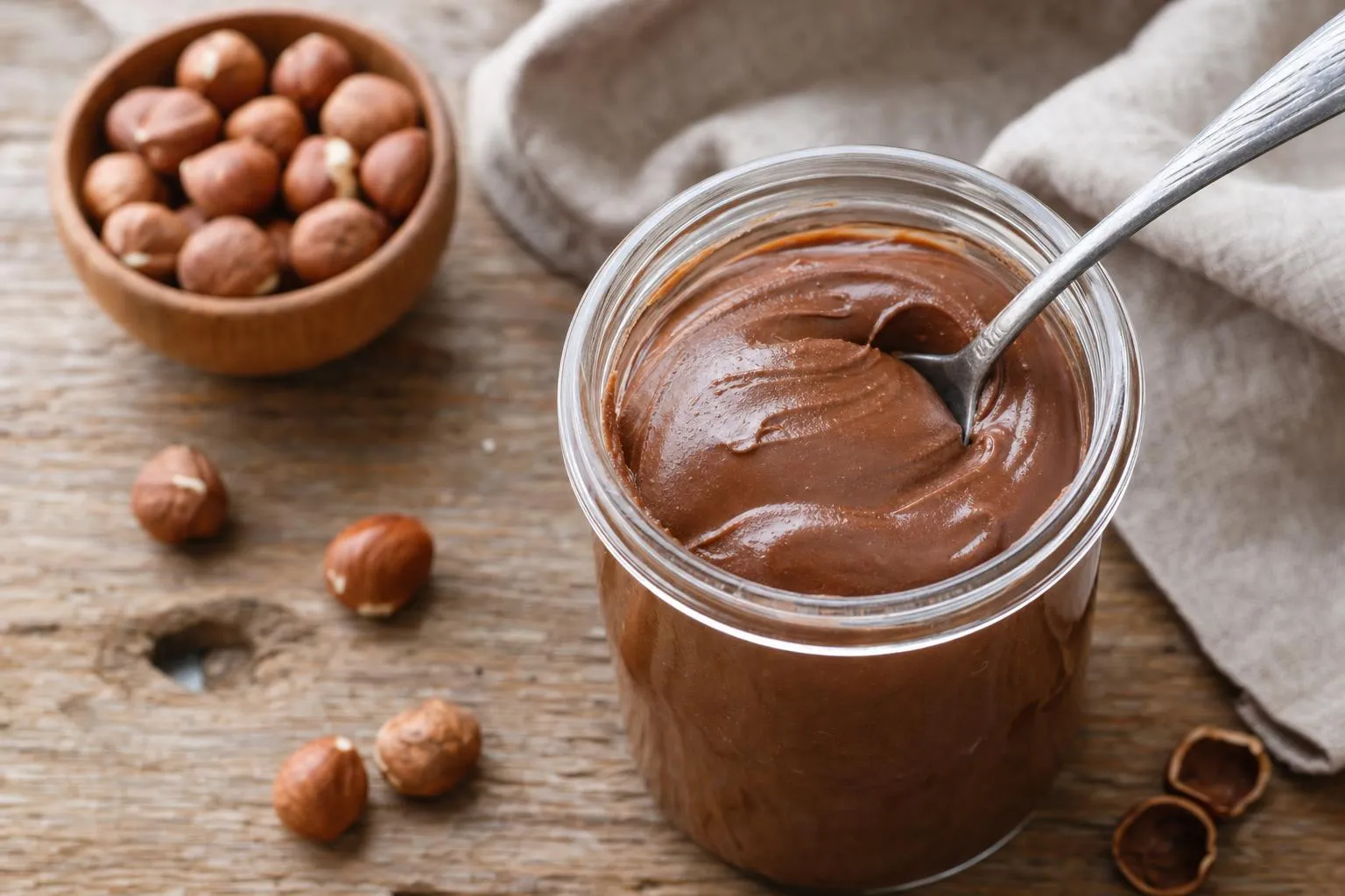Tarro de crema de cacao y avellanas vegana con una cuchara