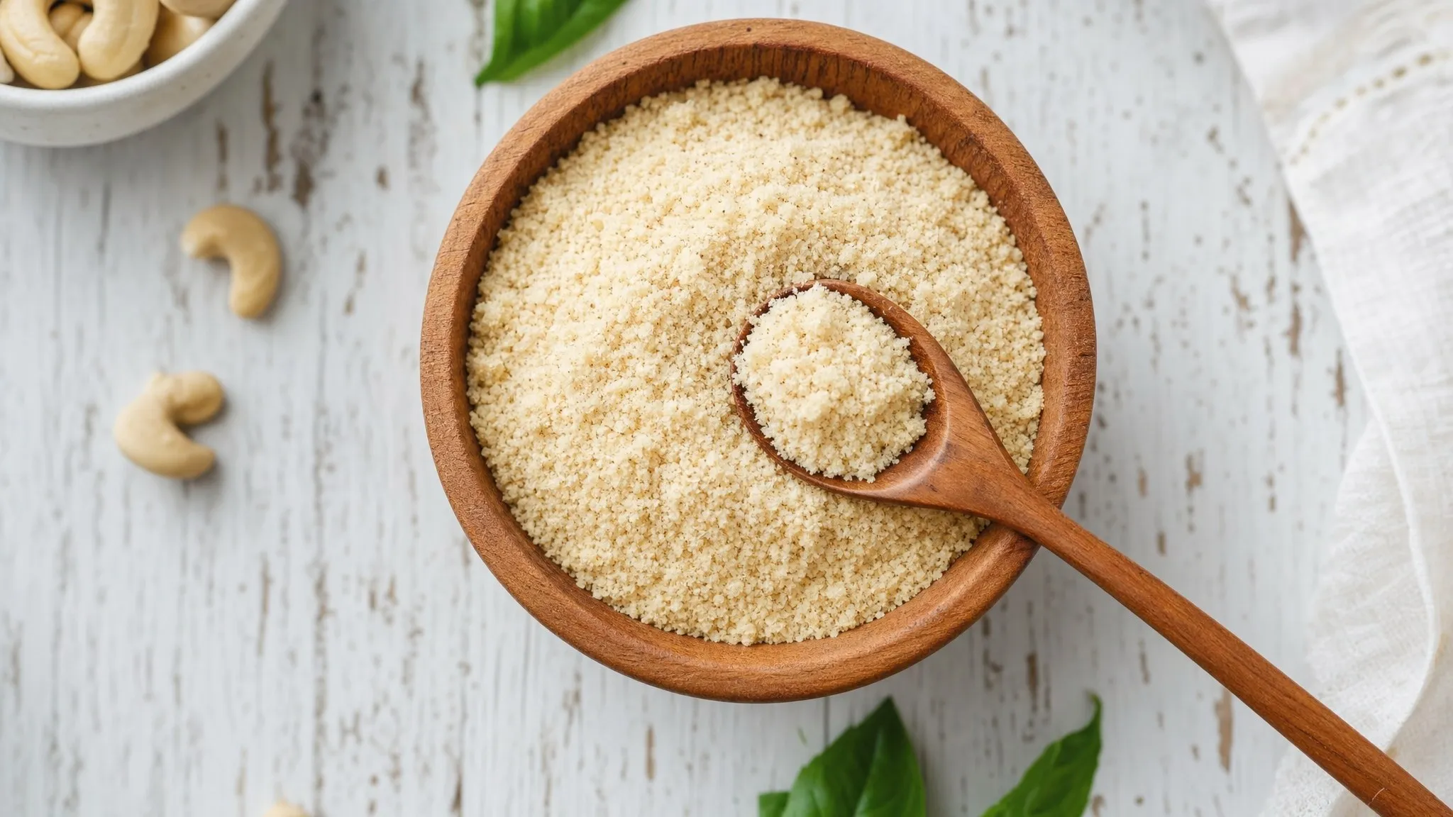 Bol de parmesano vegano rallado de anacardos con cuchara