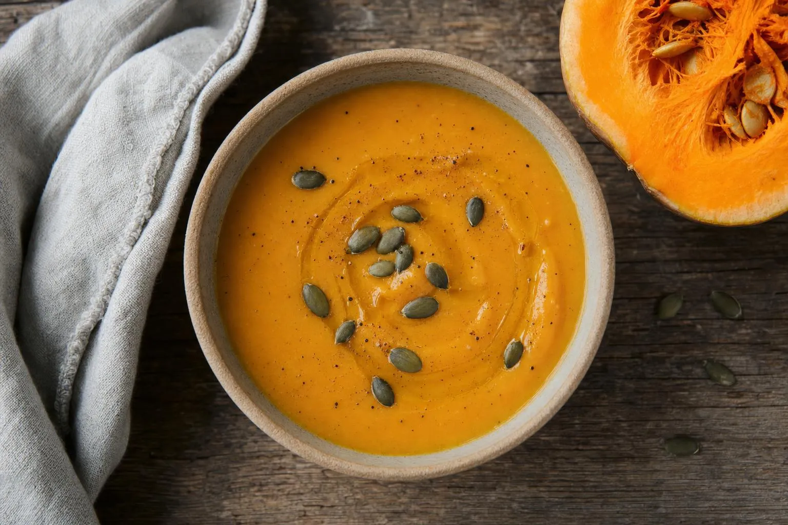 Bol de puré de calabaza cremoso con un hilo de aceite