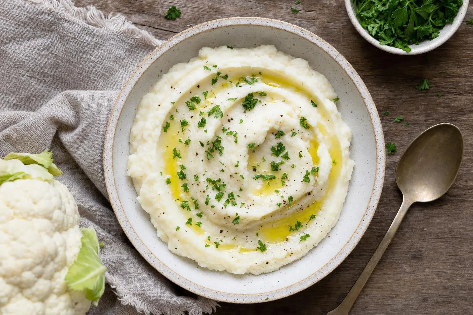 Cuenco de puré de coliflor cremoso con aceite y perejil