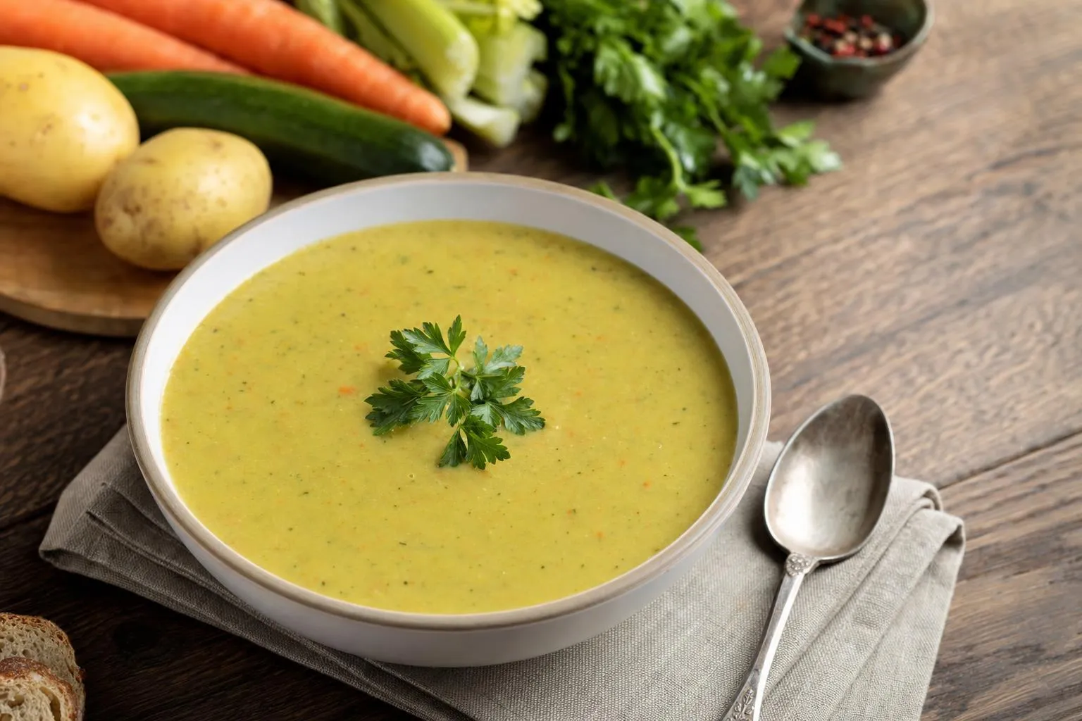 Plato de puré de verduras cremoso con perejil